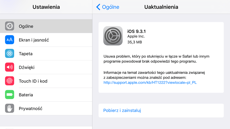 Aktualizacja systemu iOS 9.3.1 w trybie OTA (iPhone)