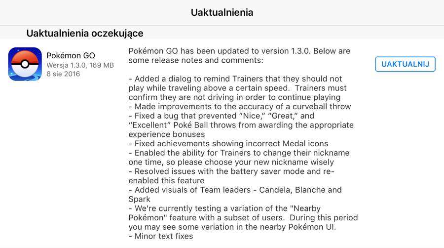 Uaktualnienie Pokemon GO (wersja 1.3.0 na iOS i 0.33.0 na Androida)