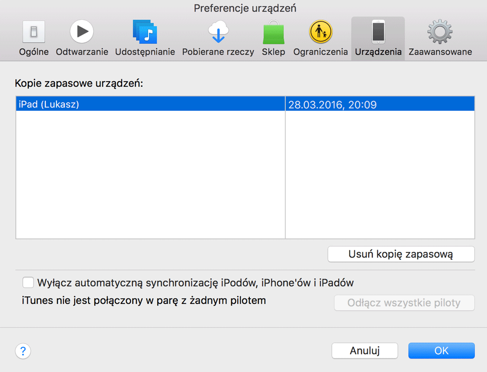 Preferencje urządzeń w programie iTunes