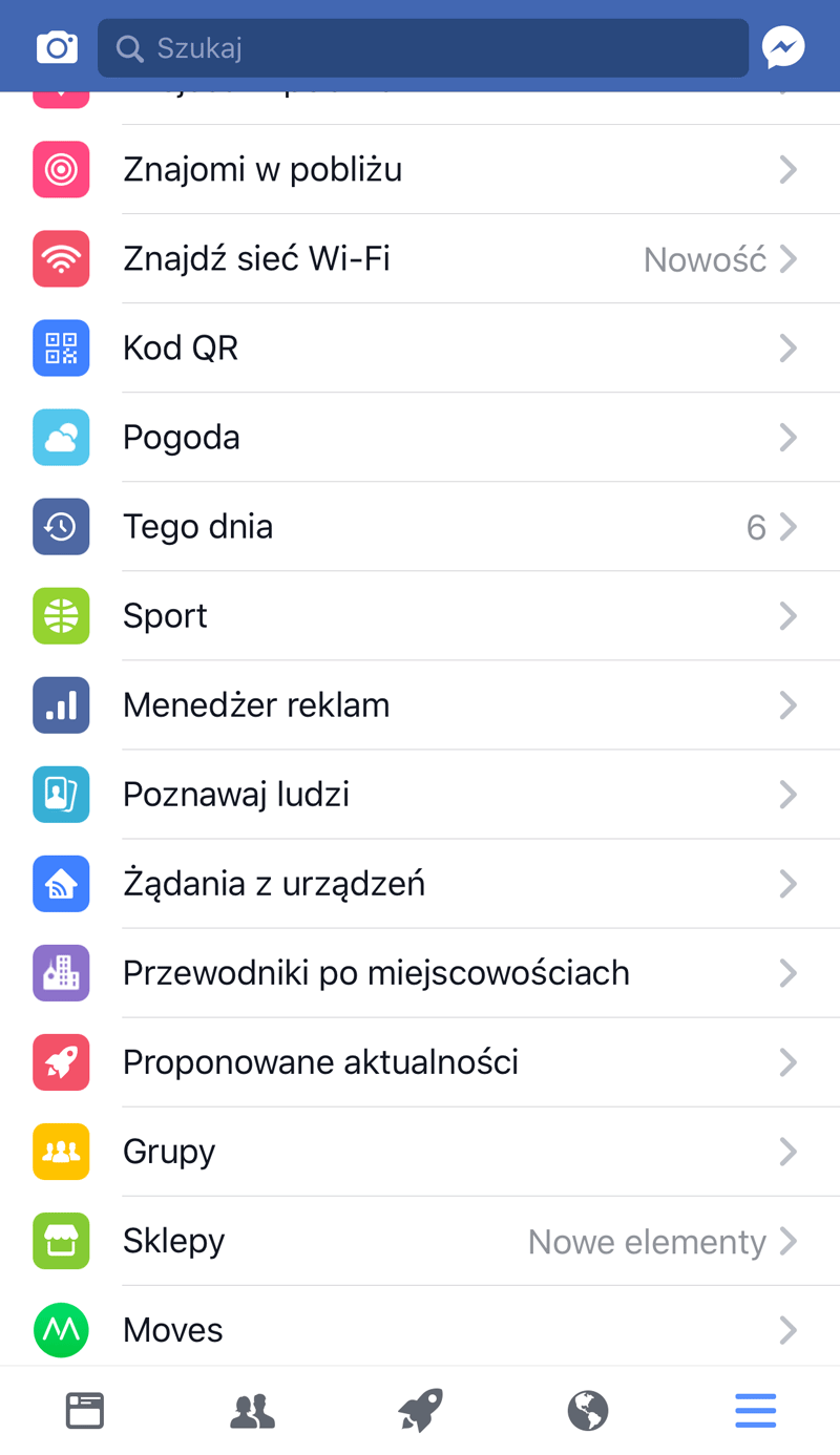 Proponowane Aktualności w menu aplikacji mobilnej Facebooka
