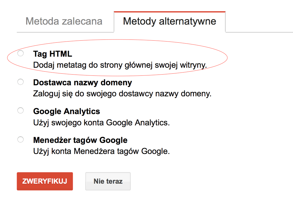 Weryfikacja metatag (tag HTML) w Google Search Console