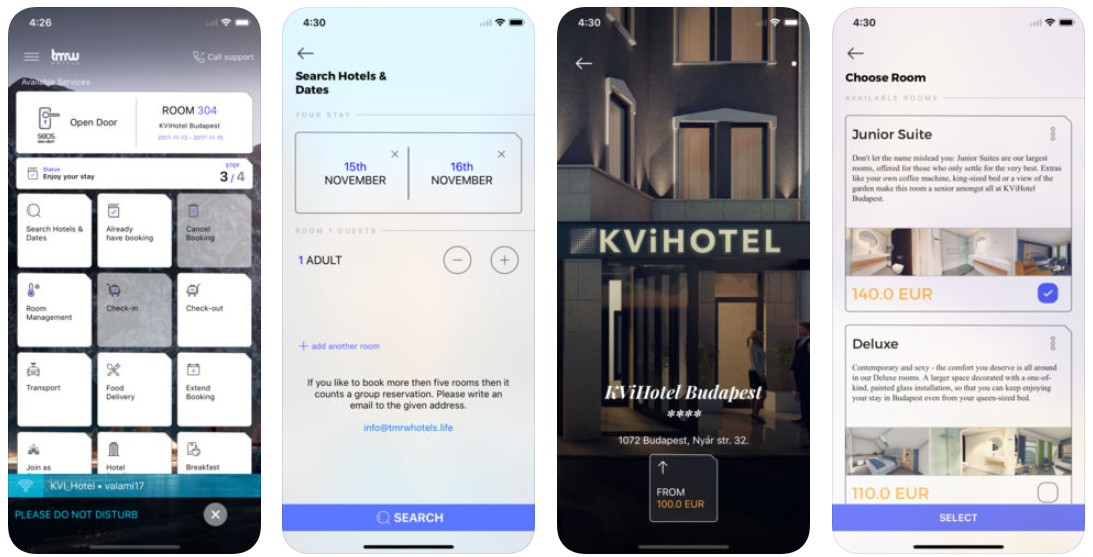 Aplikacja mobilna TMRW Hotels (zrzuty ekranu)