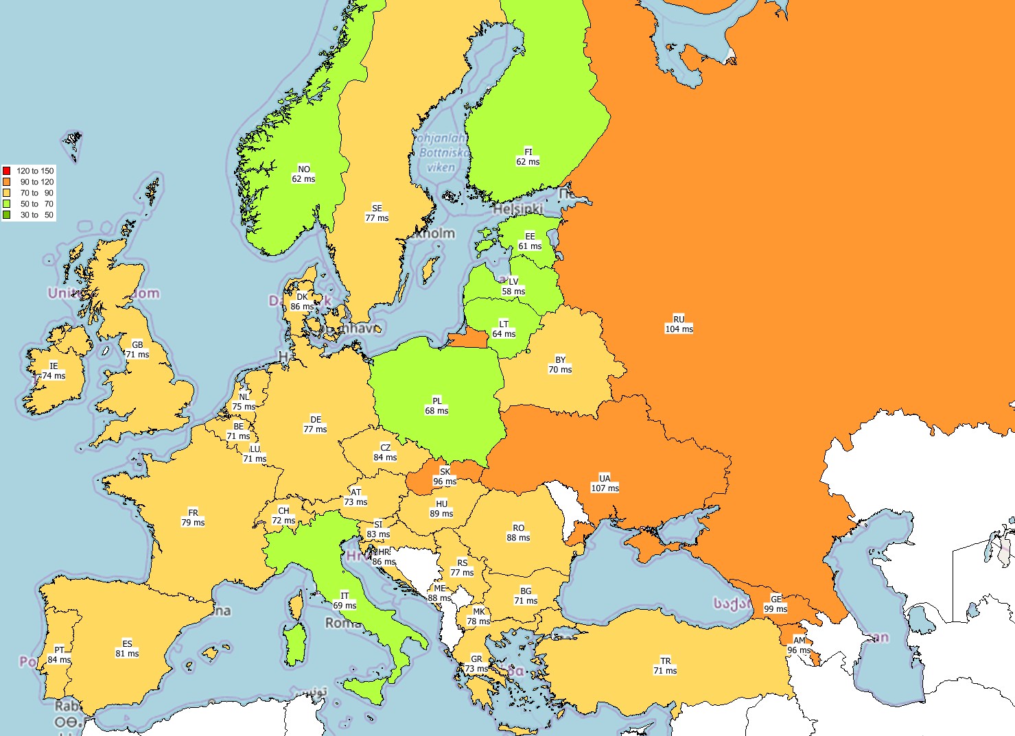 Średnie wartości PING w krajach europejskich w 4Q 2018 r.
