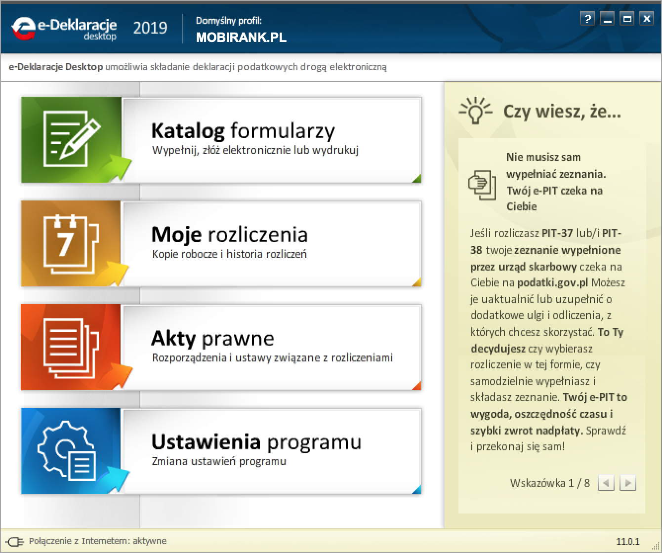 Zrzut ekranu z aplikacji e-Deklaracje 2019 (wersja 11.0.1)