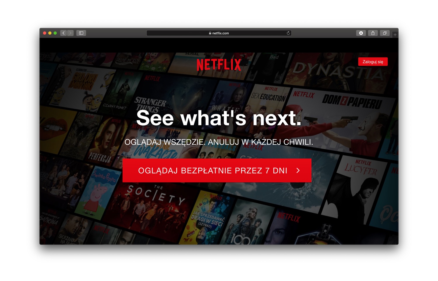 Screen strony głównej serwisu Netflix (wersja polska)