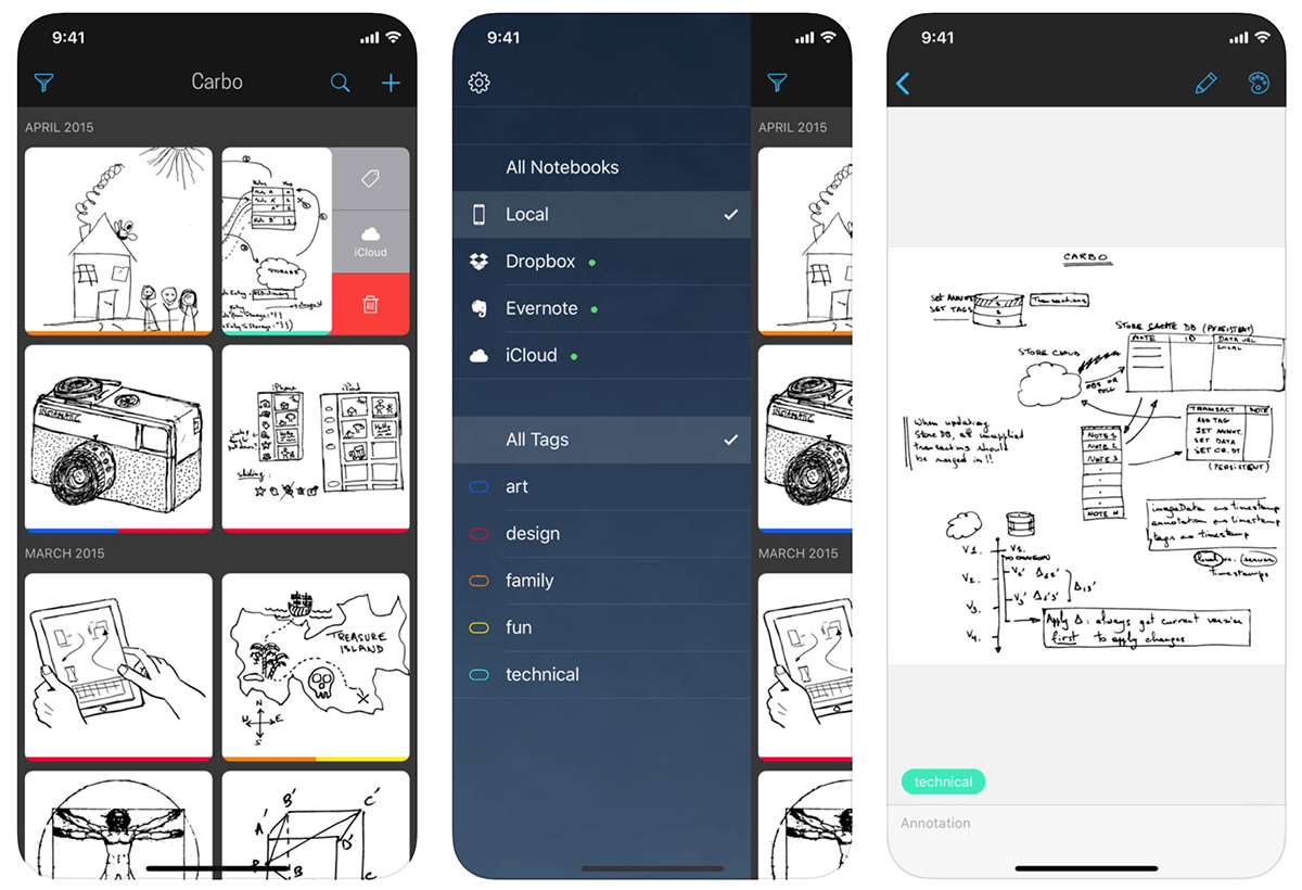 Zrzuty ekranów z aplikacji „Carbo - Notes & Sketches”