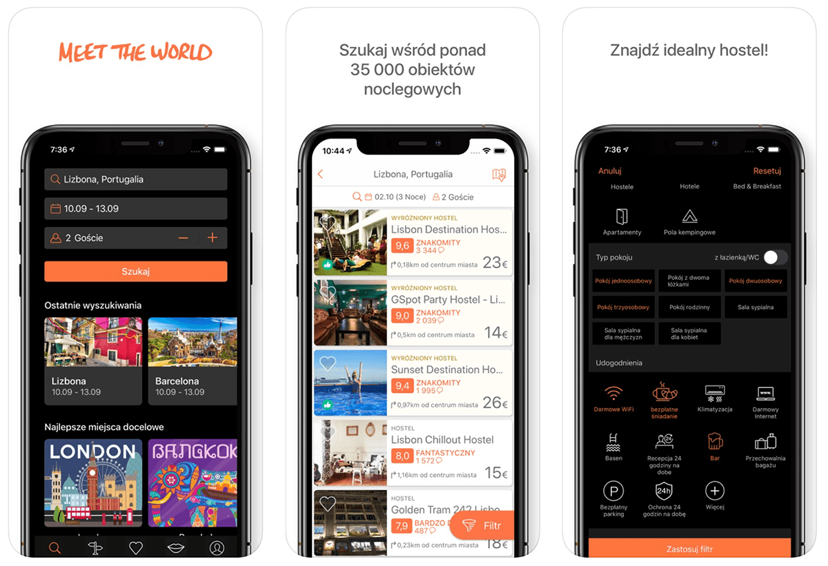 Zrzuty ekran z aplikacji Hostelworld: Hostels & Backpacking Travel App