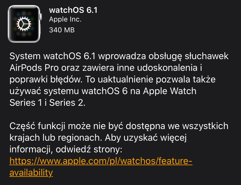 Informacje o uaktualnieniu watchOS 6.1