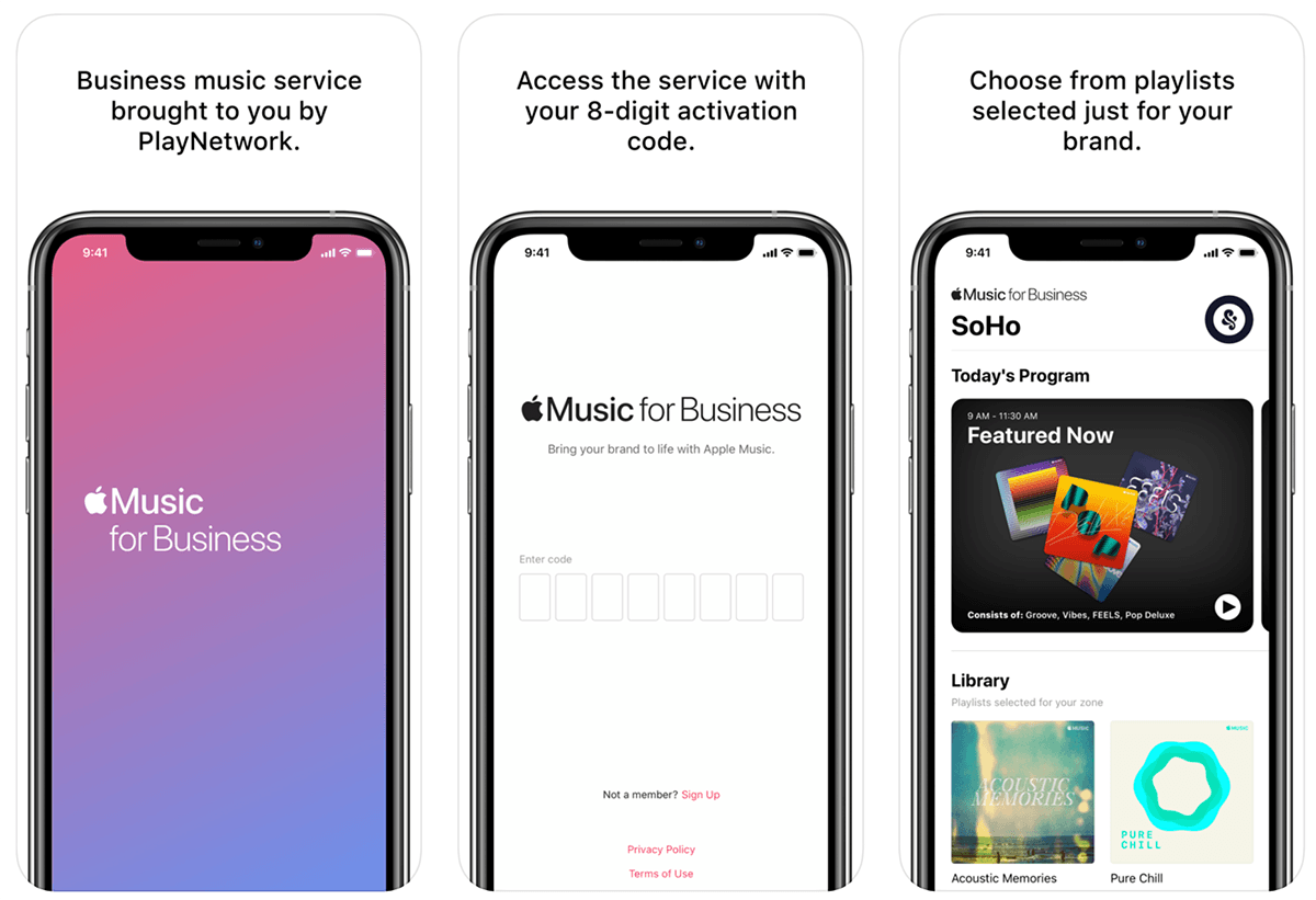 Zrzuty ekranu z aplikacji mobilnej „Apple Music for Business”