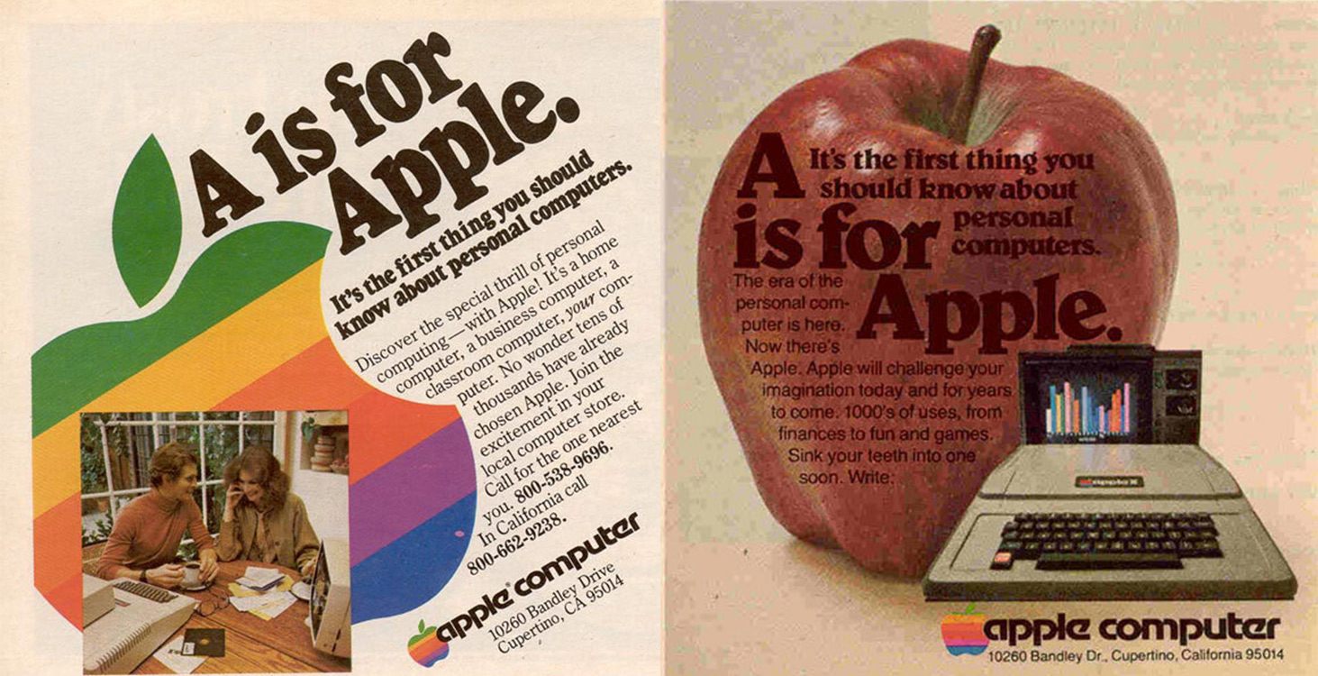 Przykładowe reklamy prasowe „A is for Apple” z 1977 roku