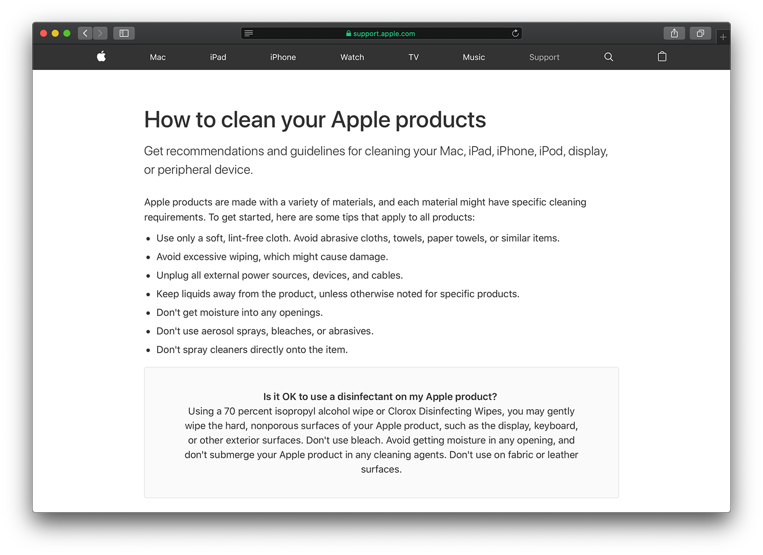 Apple Support – How to clean your Apple products (Published Date: March 09, 2020)