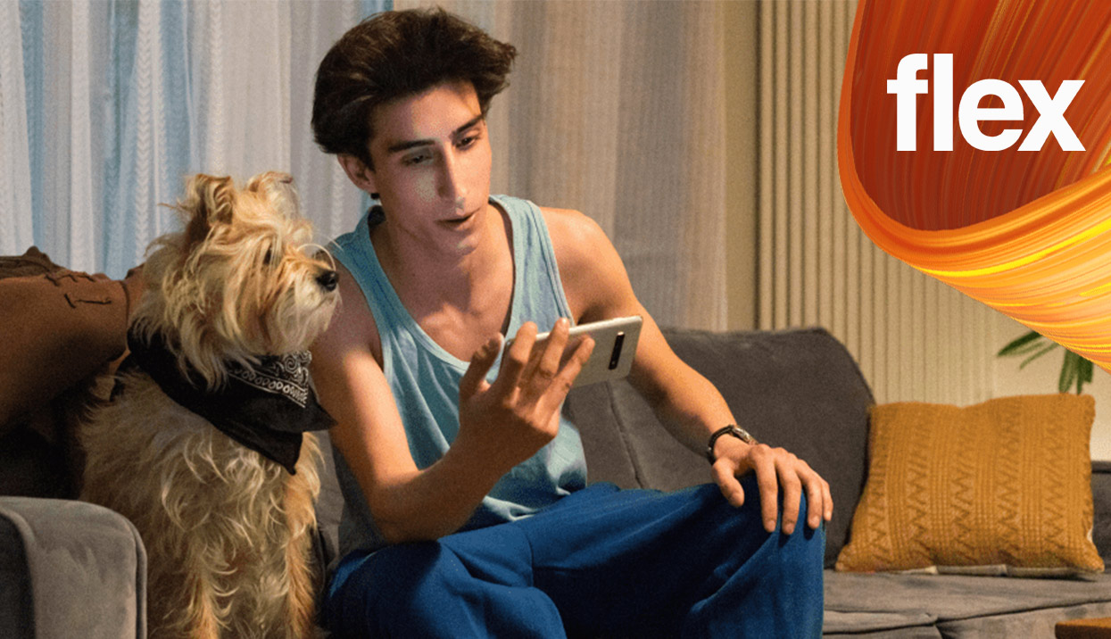 Orange Flex – chłopak ze smartfonem w ręku siedzi na kanapie z psem w pokoju