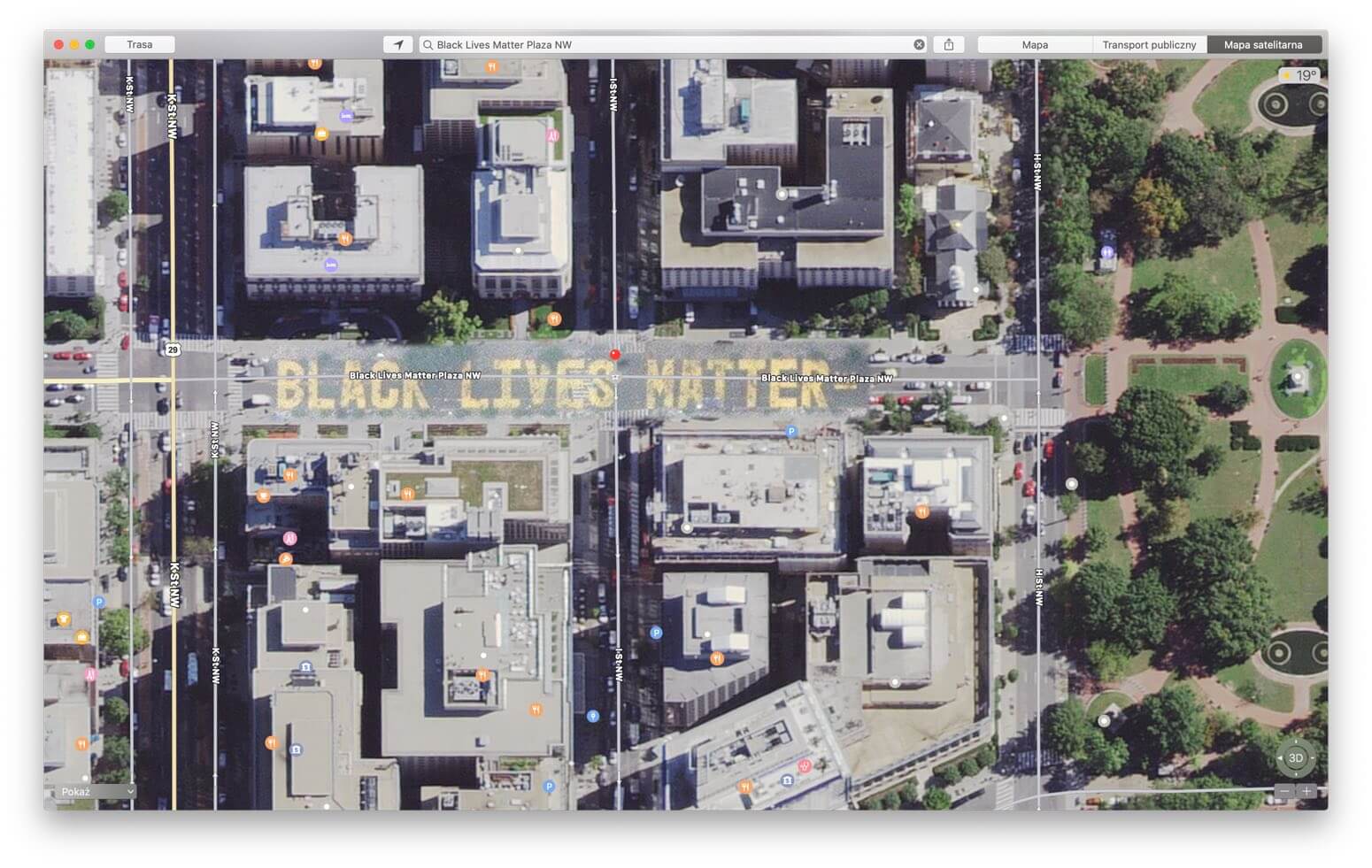 Zrzut ekranu z aplikacji Mapy Apple z ulicy Black Lives Matter w Waszyngtonie DC