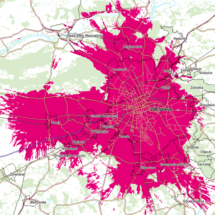 Mapa zasięgu 5G w sieci T-Mobile Polska (stan na 9 czerwca 2020 r.)