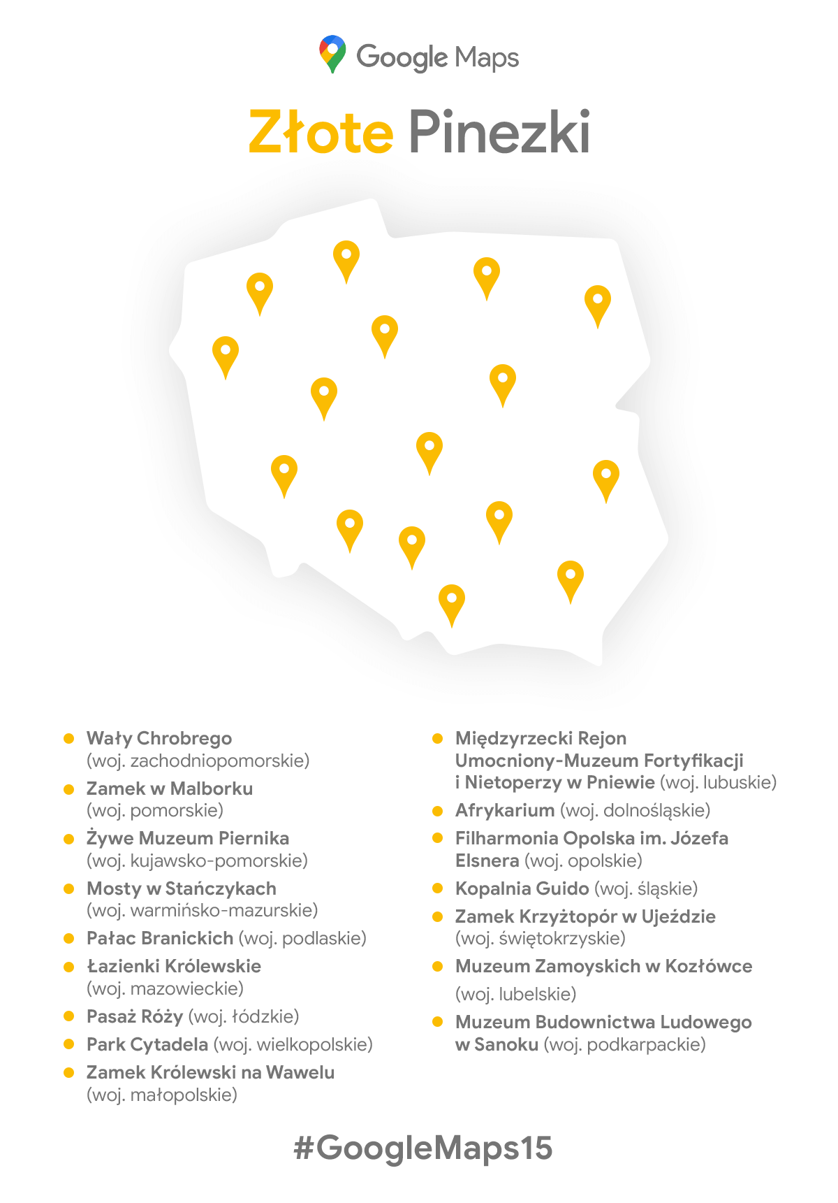 Mapy Google Złote Pinezki 2020 - mapa z zaznaczonymi miejscami i objasnieniami