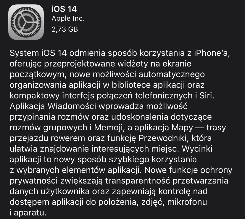 Opis aktualizacji iOS 14