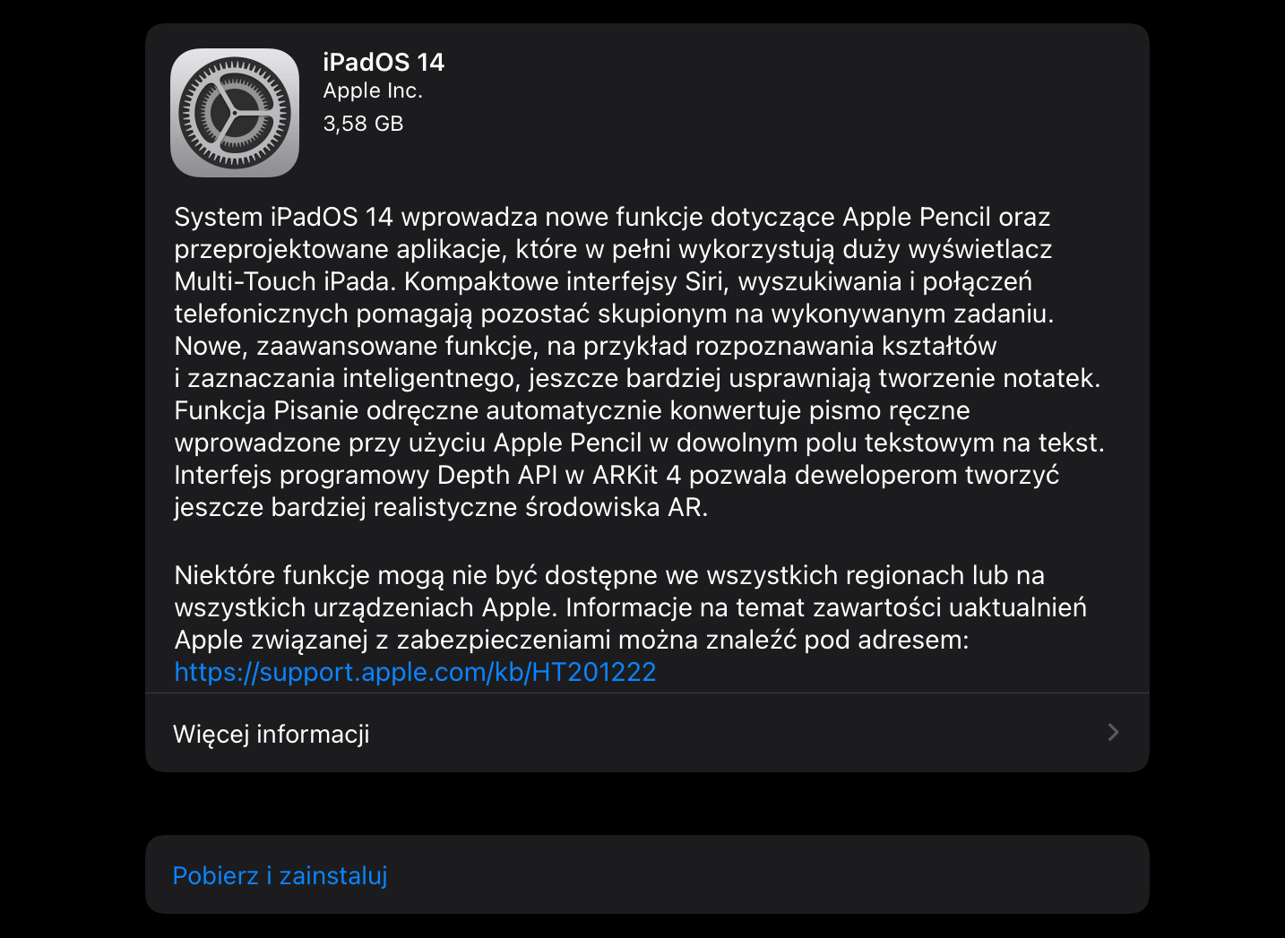 Opis aktualizacji iPadOS 14