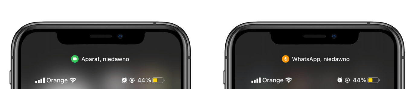 Oznaczenie użycia aparatu lub mikrofonu na iPhonie pod systemem iOS 14