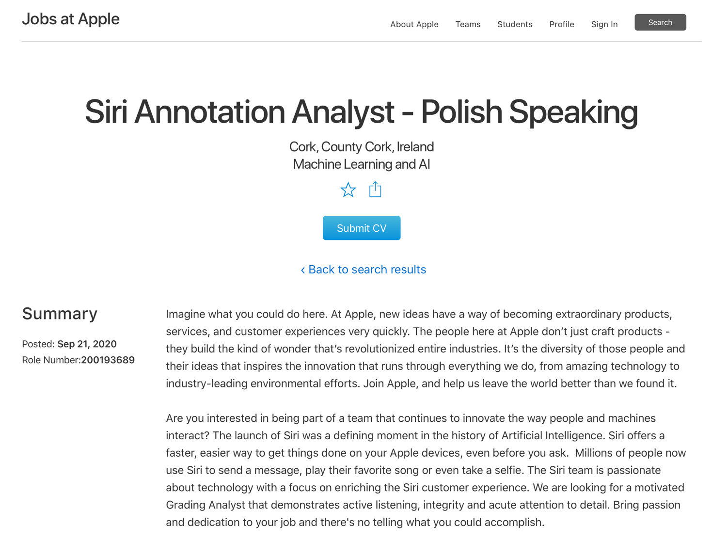 Fragment ogłoszenia o prace firmy Apple na stanowisko: Siri Annotation Analyst - Polish Speaking (9/2020)