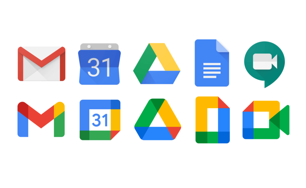 Porównanie starych i nowych ikon aplikacji mobilnych Google Workspace