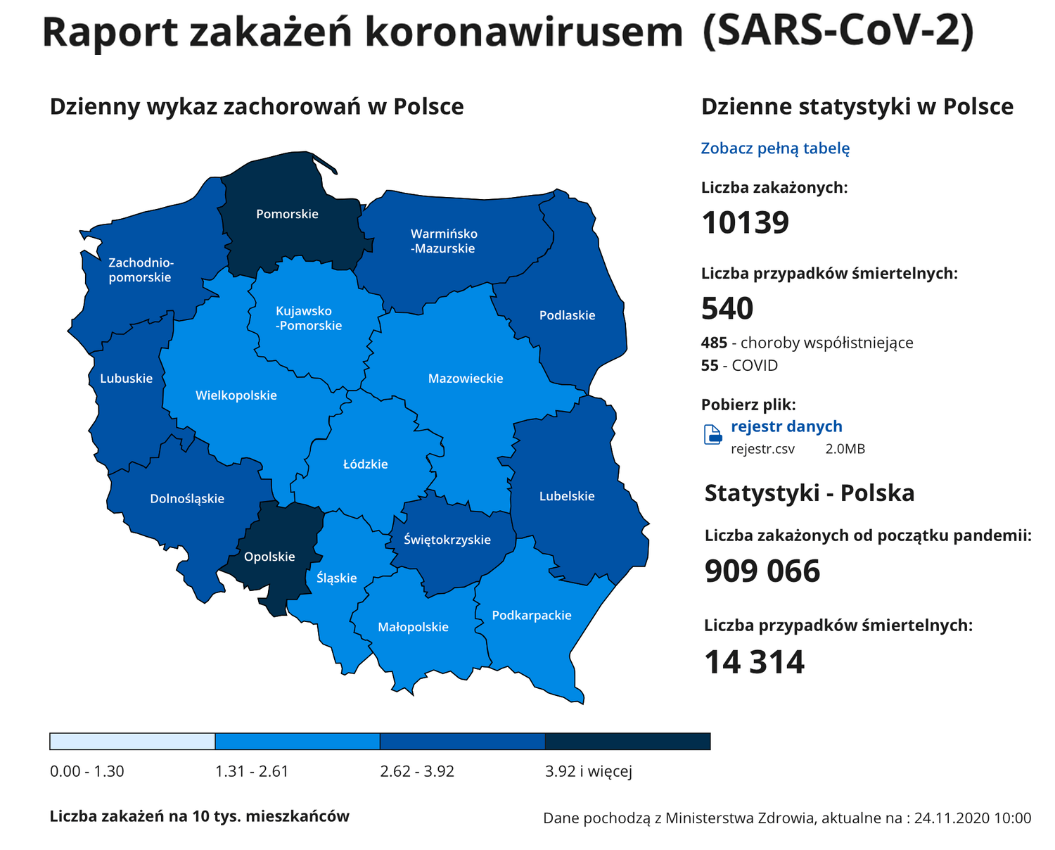 Raport zakażeń COVID-19 w Polsce (mapa z 24 listopada 2020 r.)