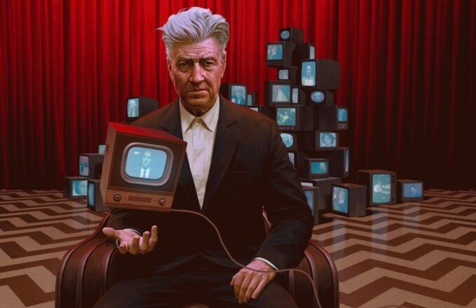 David Lynch w czerwonym pokoju z telewizorami (ilustr. Jeremy Enecio)