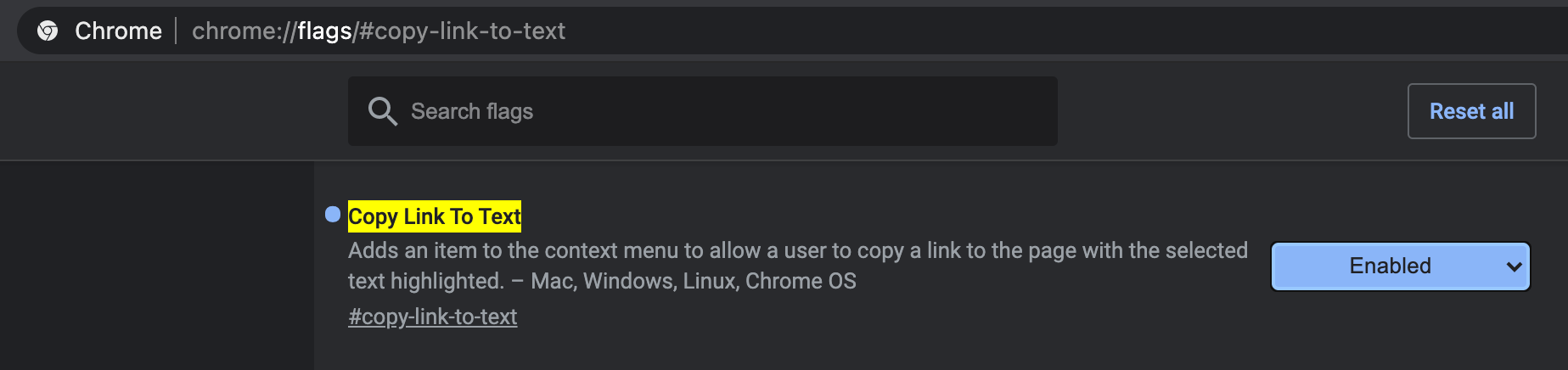 Włączanie flagi „Copy Link To Text” we flagach Chrome'a 90