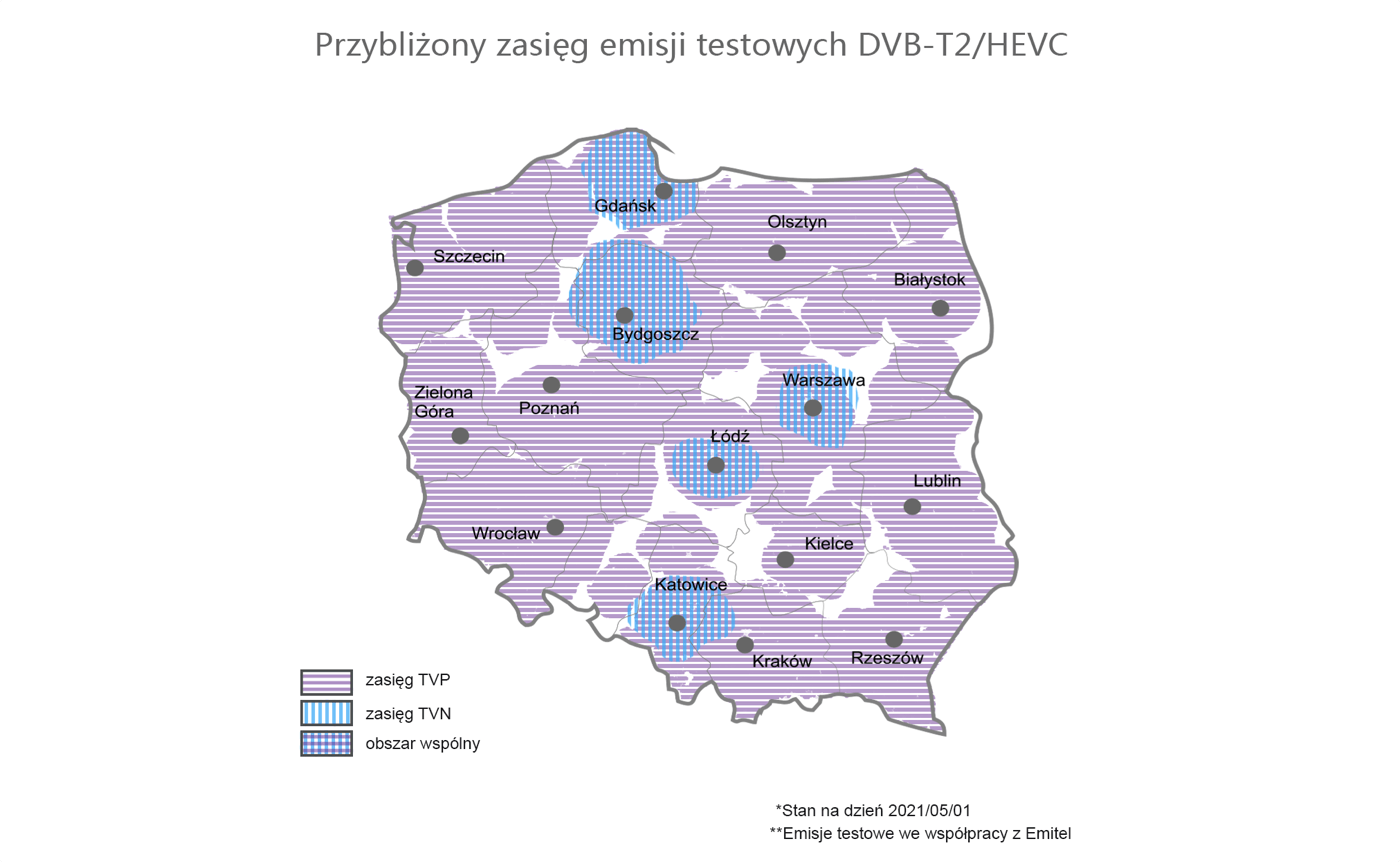 Przybliżony zasięg emisji testowych telewizji cyfrowej w DVB-T2/HEVC w Polsce