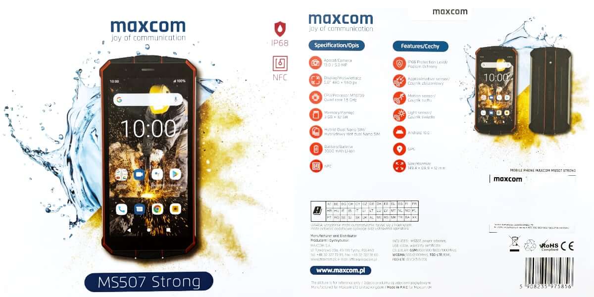 Przód i tył pudełka od smartfona Maxcom MS507