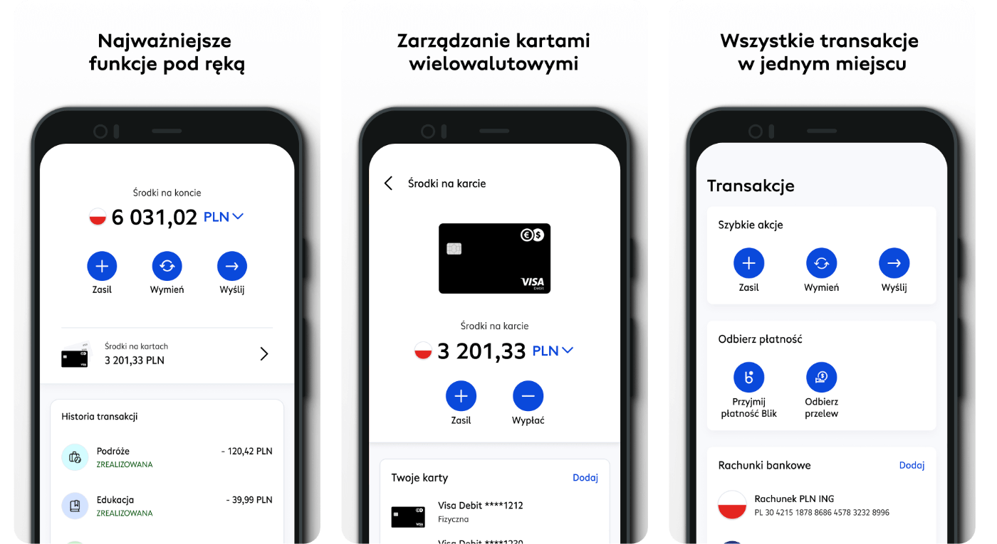 Zrzuty ekranów z aplikacji Cinkciarz.pl